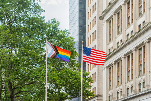 Progress Pride Flags Holding On The Street. photo