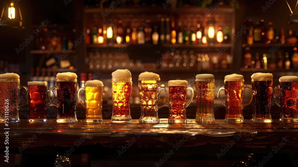 A neatly arranged row of beer glasses resting atop another. Generative Ai