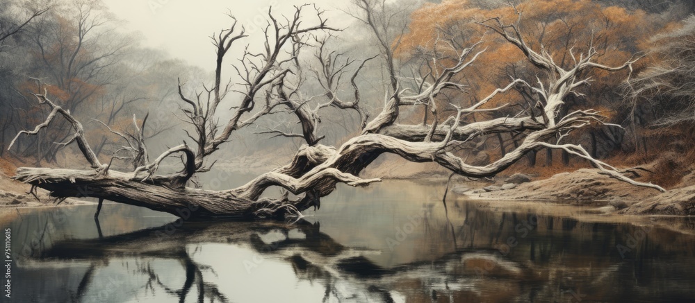 A withered tree has fallen across a serene river, creating a striking ...
