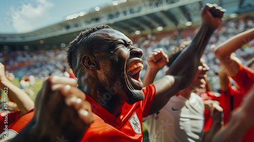 Um jogador de futebol decidido no ar chutando a bola em meio a uma multidão de torcedores animados photo