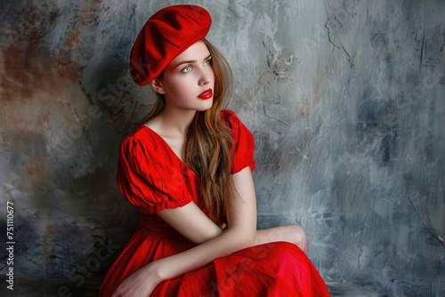 Full-length portrait of a beautiful young French woman wearing a red beret and a red dress photo