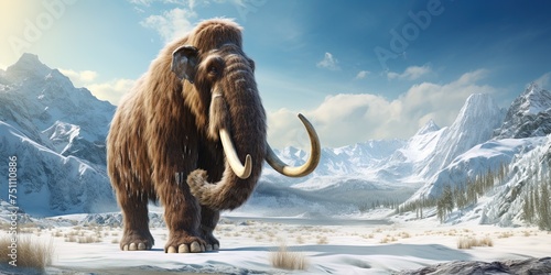 Woolly mammoth roaming the terrains of the ice age earth.