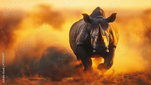 Magnificent rhino gracefully gliding across the dust. Generative Ai
