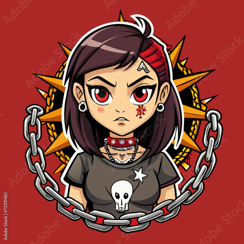 Tshirt sticker of a Rebel Cause Craft a rebellious depicting a girl flaunting a rebellious attitude in a tee adorned with rebellious motifs like graffiti, chains, and barbed wire, sending a message.