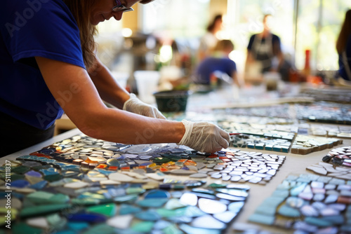Close-up of People's Hands Creating Large Glass Mosaic, Concept for Volunteer Event Having Social Impact