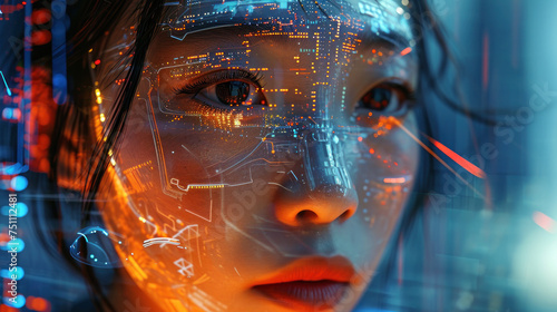 Asian woman Artificial intelligence. Technology web background. Virtual concept