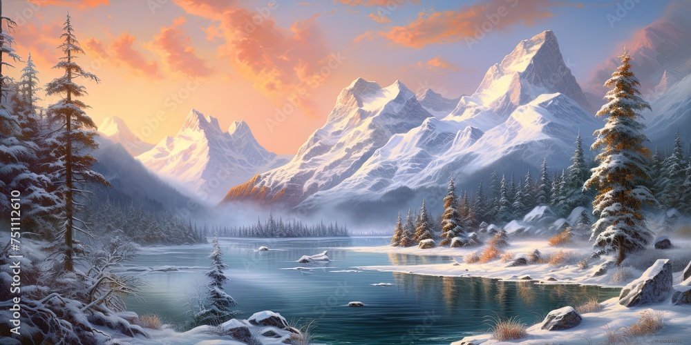 winter mountain landscape - obrazy, fototapety, plakaty 