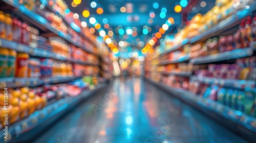 Various products on the blurred supermarket aisle. Generative Ai photo