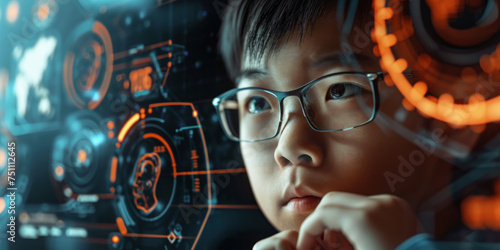 Asian young boy looking and thinking futuristic technological innovation education concept photo
