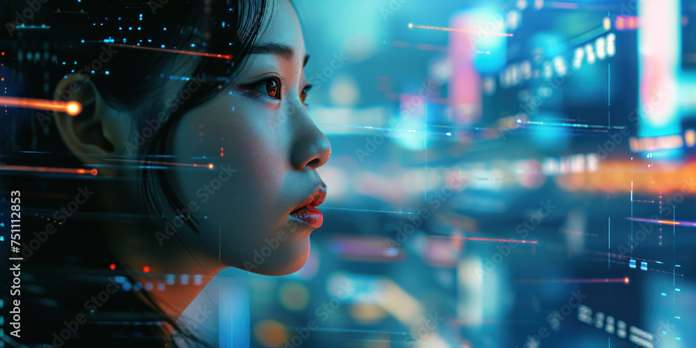 Abstract asian woman Artificial intelligence. Technology web background. Virtual concept Abstract asian woman Artificial intelligence. Technology web background. Virtual concept