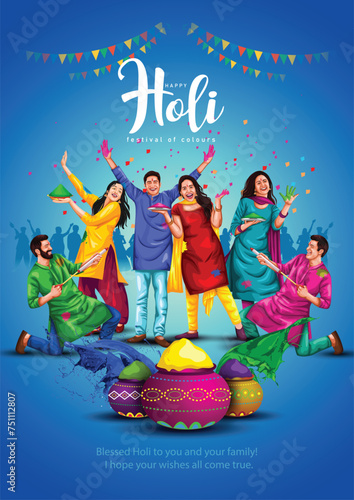 Happy Holi festival of India background. group of people celebrating Holi. abstract vector illustration banner design