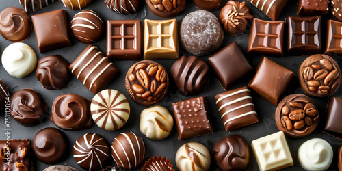 An assortment of gourmet chocolates in white  dark and milk chocolate.