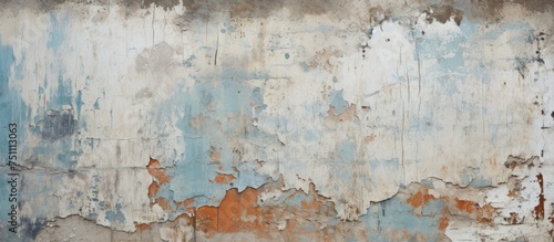A concrete wall with peeling layers of blue and orange paint, showing signs of decay and weathering. The rusted surface adds character and texture to the urban setting.