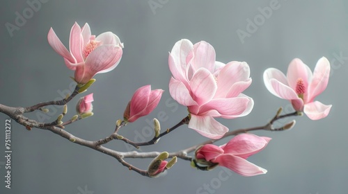 A magnolia tree branch adorned with pink flowers. Generative Ai