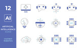 Artificial Intelligence icons set. Vector illustration modern style icons of AI technology and possibilities, machine learning, smart robotics, chatbot. Blue color.