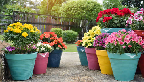 a multicolored flowerpot in the garden