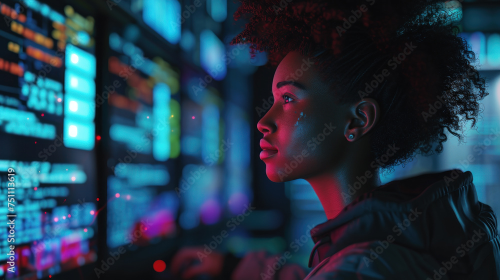 Black woman thinking looking Line of Code Projected Software Developer Working on Innovative e-Commerce App using AI, Big Data Black woman thinking looking Line of Code Projected Software Developer Working on Innovative e-Commerce App using AI, Big Data