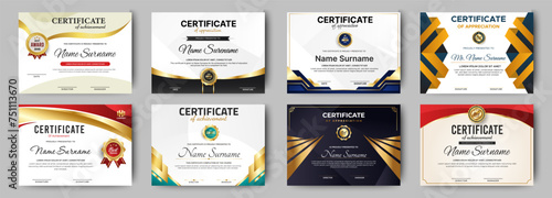 Certificates of completion template with luxury badge and modern line and shapes. Horizontal certificate For award, business, and education needs. Diploma vector template