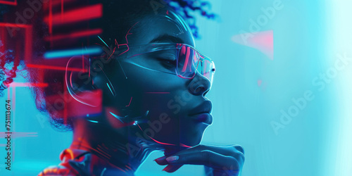 Black woman Wear glasses of virtual reality with Futuristic with Dynamic Light Motion Technology, Science, and Design Concept