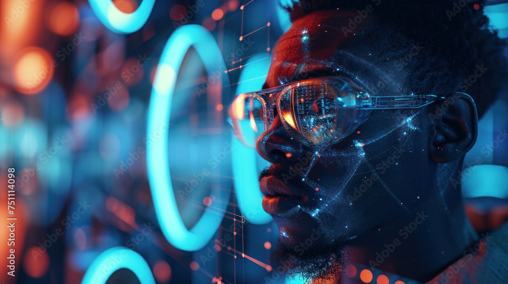 Black Man Wear glasses of virtual reality with Futuristic Fiber Optics Space with Dynamic Light Motion Technology, Science, and Design Concept Black Man Wear glasses of virtual reality with Futuristic Fiber Optics Space with Dynamic Light Motion Technology, Science, and Design Concept