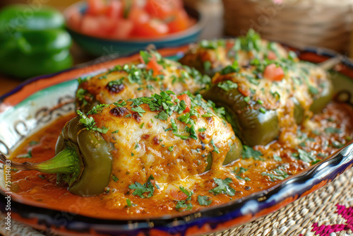 Bowl of Chiles Rellenos - Peppers Stuffed with Cheese and Meat, Drenched in Spicy Tomato Sauce