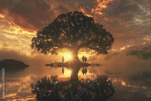 A serene sunset backdrop with a tree's silhouette and people's reflections in the water, creating a tranquil scene.