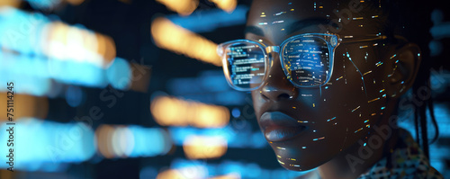 Black woman wear glasses looking of Code Projected on Face and Reflecting. Software Developer Working on Innovative e-Commerce App using AI, Big Data