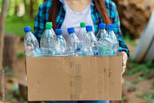 A volunteer holding a cardboard box full of plastic water bottles, ready for recycling outdoors. Waste management, Think green, Eco-friendly concept.