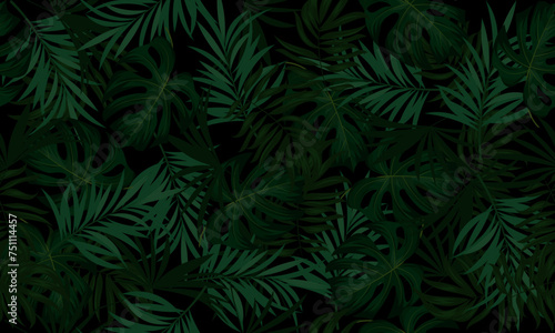 Tropical leaves seamless pattern. dark background. exotic tropical background. vintage floral.