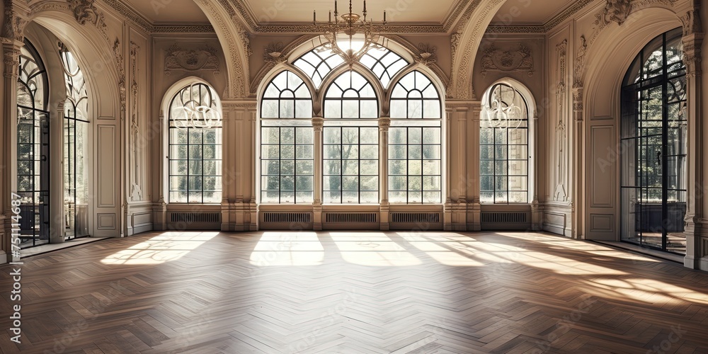 A room with arched windows that allow warm natural light to flood in, illuminating the wooden floor and walls adorned with intricate molding and fixtures, creating a timeless and inviting atmosphere - obrazy, fototapety, plakaty 
