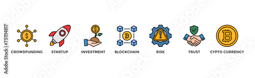 ICO banner web icon vector illustration concept of initial coin offering with icon of crowdfunding, startup, investment, blockchain, risk, trust and cypto currency	