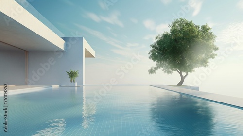 Elegance in simplicity as a minimalist pool design takes center stage, framed by upscale landscaping and bathed in natural sunlight © Shakeel,s Graphics
