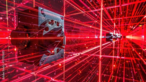A network of red laser lines creates a complex web, symbolizing connectivity, technology, or neural networks.