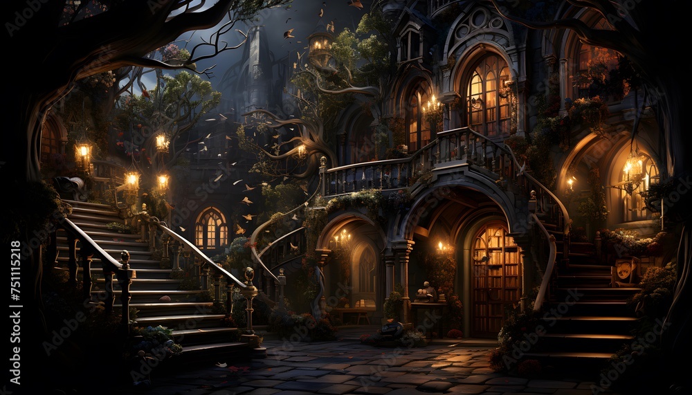 Illustration of a fairy-tale house in the forest at night