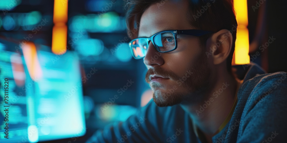 Fototapeta premium Man wear glasses looking Line of Code Projected on Face and Reflecting. Software Developer Working on Innovative e-Commerce App using AI, Big Data