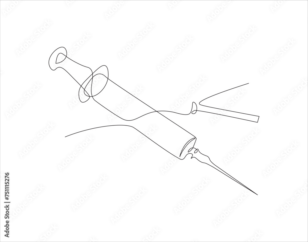 Continuous Line Drawing Of Syringe For Injections. One Line Of Syringe. Inject Continuous Line Art. Editable Outline. Continuous Line Drawing Of Syringe For Injections. One Line Of Syringe. Inject Continuous Line Art. Editable Outline.
