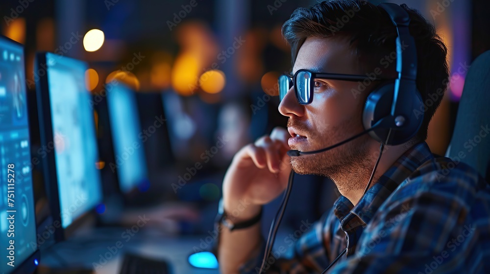 Man Operator in Customer Support Service Center Talking with Client During the Evening. Male Using Computer And Speaking To Customer On The Call During Working At The Office. Man Operator in Customer Support Service Center Talking with Client During the Evening. Male Using Computer And Speaking To Customer On The Call During Working At The Office.