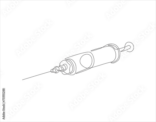Continuous Line Drawing Of Syringe For Injections. One Line Of Syringe. Inject Continuous Line Art. Editable Outline.