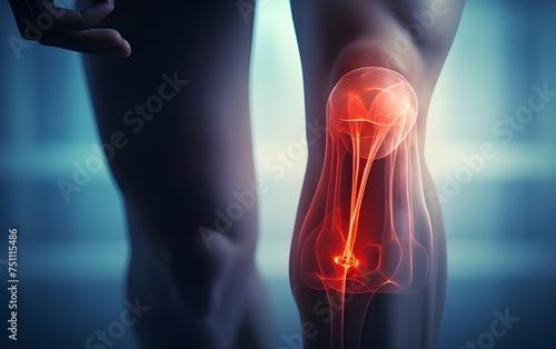 x ray of human body with knee pain and degenerative bone and joint disease or tendon inflammation, medical illustration