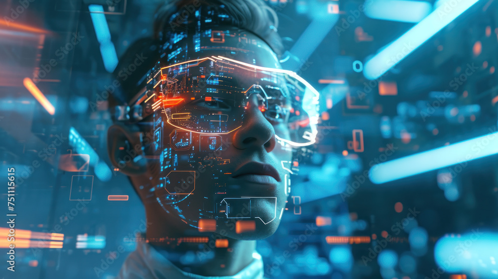 Man Wear glasses of virtual reality with Futuristic Fiber Optics Space with Dynamic Light Motion Technology, Science, and Design Concept Illustration Man Wear glasses of virtual reality with Futuristic Fiber Optics Space with Dynamic Light Motion Technology, Science, and Design Concept Illustration