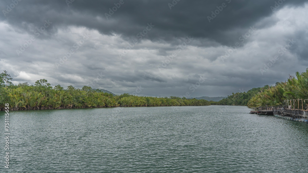 A calm turquoise river. Thickets of green tropical vegetation and palm trees on the banks. A wooden pier is visible near the shore. Clouds in the sky. Philippines. Bohol Island. The Loboc River