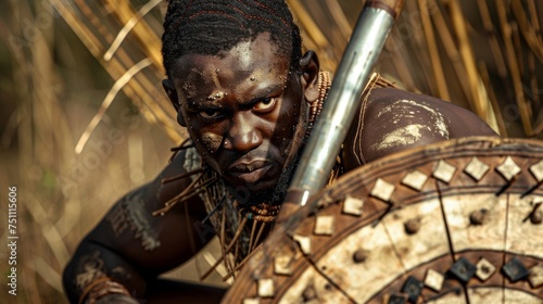 A Zulu warrior crouches low holding a spear and shield close to his body his eyes focused and ready for any threat.
