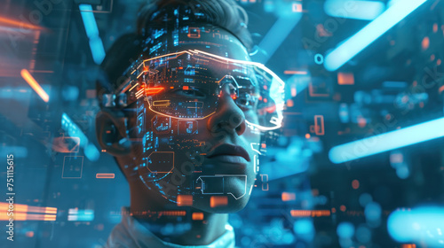 Man Wear glasses of virtual reality with Futuristic Fiber Optics Space with Dynamic Light Motion Technology, Science, and Design Concept Illustration