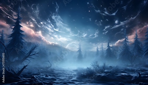 Fantasy landscape. Night forest with fog and moon. 3d illustration
