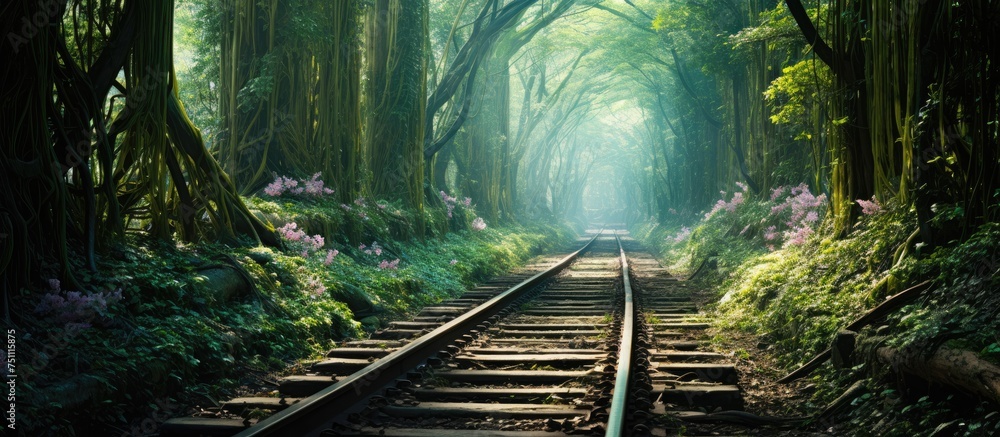 The train track winds its way through the dense forest, with lush greenery surrounding it. The railway appears deserted, adding to the mysterious and abandoned atmosphere of the scene. The train track winds its way through the dense forest, with lush greenery surrounding it. The railway appears deserted, adding to the mysterious and abandoned atmosphere of the scene.