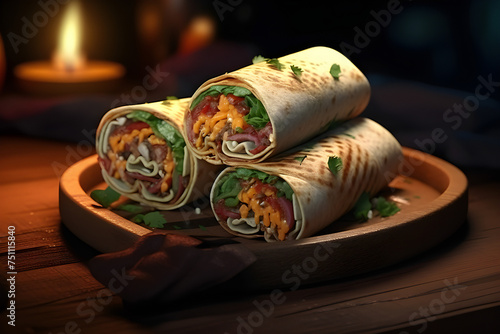 Close-up of orll shawarma with cheese, meat and vegetables on a plate, generated by AI. 3D illustration
