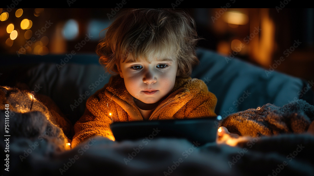 Fototapeta premium A little boy playing with his tablet at night before bed