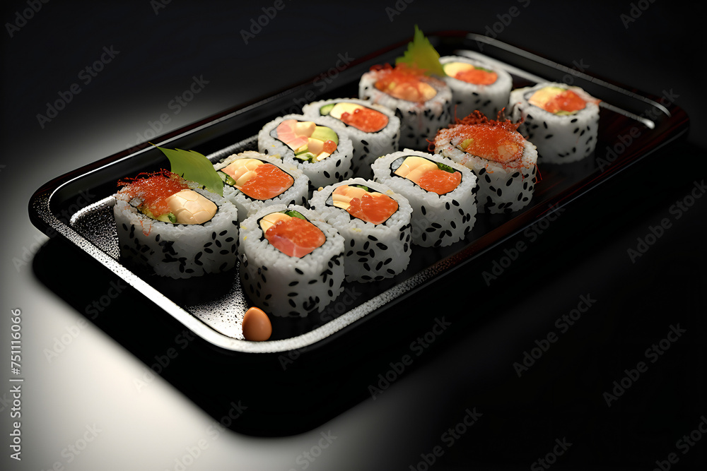 Sushi roll with salmon, caviar, Philadelphia cream cheese, tobika caviar, chuka. Sushi menu. Japanese food, generated by AI. 3D illustration Sushi roll with salmon, caviar, Philadelphia cream cheese, tobika caviar, chuka. Sushi menu. Japanese food, generated by AI. 3D illustration
