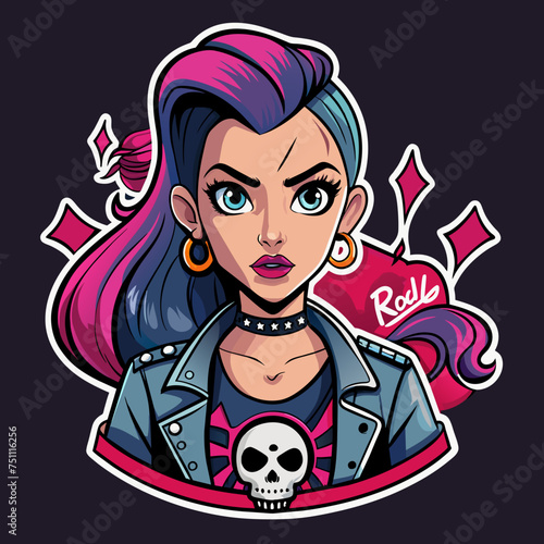 Tshirt sticker of a Rebel Chic Illustrate rebellious yet chic sticker featuring a girl with attitude wearing a tee adorned with edgy motifs like skulls, roses, or abstract designs, conveying a sense 