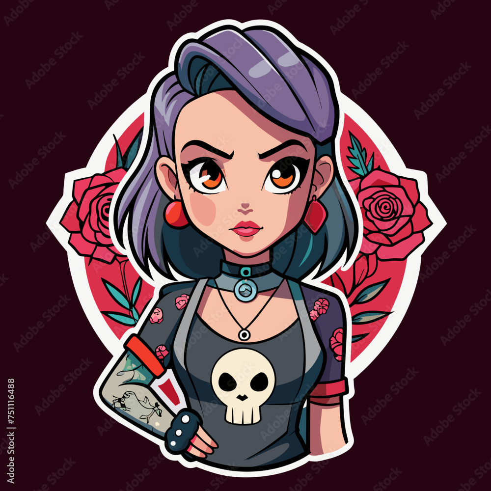 Tshirt sticker of a Rebel Chic Illustrate rebellious yet chic sticker featuring a girl with attitude wearing a tee adorned with edgy motifs like skulls, roses, or abstract designs, conveying a sense 